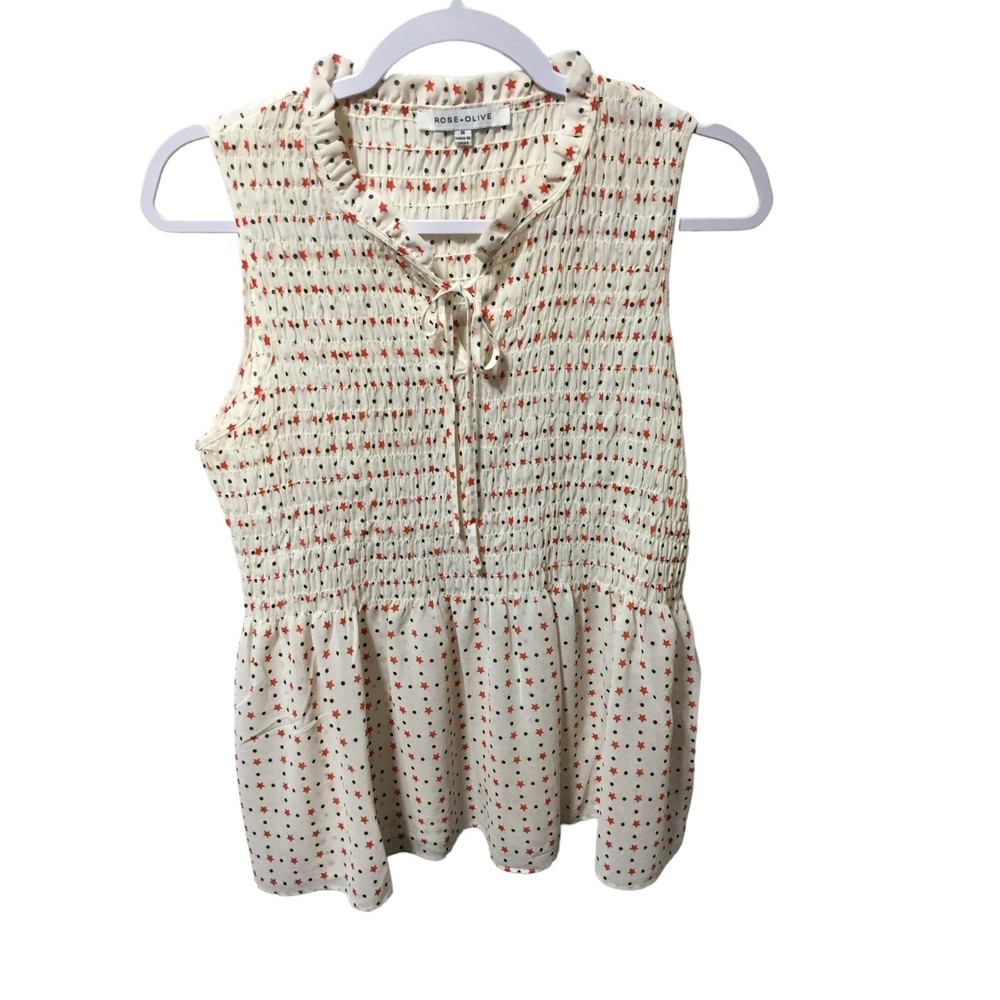 Rose & Olive Sleeveless Red, Blue, Ecru Top EUC Size Med.